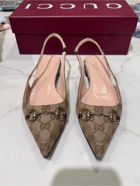 Gucci Shoes - Gucci Beige GG Canvas Pointed-Toe Slingback Flats with Horsebit